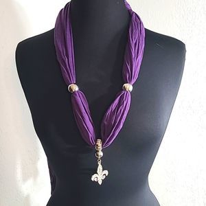 Alirina Purple Charm Scarf with Silver Fleur-de-lis, NWOT